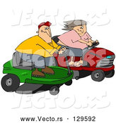 Vector of a Cartoon White Couple, a Guy and Lady, Racing Eachother on Riding Lawn Mowers by Djart