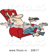 Vector of a Cartoon White Man Sitting in a Recliner and Holding Many Remote Controls by Toonaday