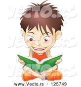 Vector of a Cartoon White School Boy Sitting on a Floor and Reading a Green Book by AtStockIllustration