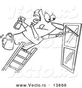 Vector of a Cartoon Window Cleaner Leaning Far over a Ladder - Coloring Page Outline by Toonaday