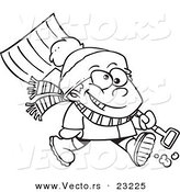 Vector of a Cartoon Winter Boy Carrying a Snow Shovel - Coloring Page Outline by Toonaday