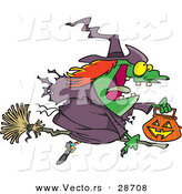 Vector of a Cartoon Witch Flying on Broom with Pumpkin Container During Halloween by Toonaday