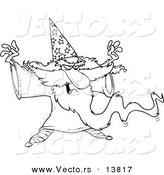 Vector of a Cartoon Wizard Casting a Spell - Coloring Page Outline by Toonaday