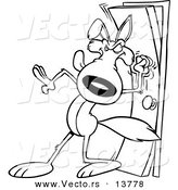 Vector of a Cartoon Wolf Knocking on a Door - Coloring Page Outline by Toonaday