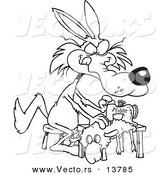 Vector of a Cartoon Wolf Sewing a Sheep Costume - Coloring Page Outline by Toonaday