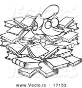 Vector of a Cartoon Woman Buried in Books - Coloring Page Outline by Toonaday