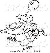 Vector of a Cartoon Woman Carrying a Birthday Gift and Balloon - Coloring Page Outline by Toonaday