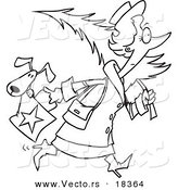 Vector of a Cartoon Woman Carrying a Dog in Her Purse and a Christmas Tree - Outlined Coloring Page by Toonaday