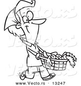 Vector of a Cartoon Woman Carrying a Harvest Basket - Coloring Page Outline by Toonaday