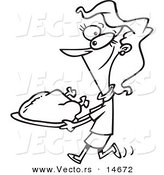 Vector of a Cartoon Woman Carrying a Roasted Turkey - Coloring Page Outline by Toonaday