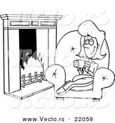 Vector of a Cartoon Woman Drinking Coffee by a Fireplace - Outlined Coloring Page by Toonaday