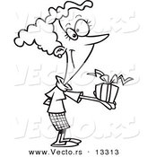 Vector of a Cartoon Woman Holding a Gift Box - Coloring Page Outline by Toonaday