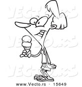 Vector of a Cartoon Woman Holding Ice Cream - Coloring Page Outline by Toonaday