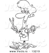 Vector of a Cartoon Woman Holding Tape and Scissors and Standing in Paper Scraps - Coloring Page Outline by Toonaday