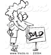 Vector of a Cartoon Woman Leaning on a Sold Sign - Coloring Page Outline by Toonaday
