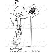 Vector of a Cartoon Woman Looking at a Camel Crossing Sign - Outlined Coloring Page by Toonaday