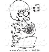 Vector of a Cartoon Woman Playing a French Horn - Outlined Coloring Page by Toonaday