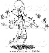Vector of a Cartoon Woman Playing in Spring Flowers - Coloring Page Outline by Toonaday