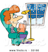 Vector of a Cartoon Woman Reading Book Inside Her Home on a Winter Day by Toonaday