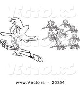 Vector of a Cartoon Woman Running from a Swarm of Mosquitoes - Coloring Page Outline by Toonaday