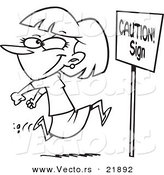 Vector of a Cartoon Woman Running past a Caution Sign - Outlined Coloring Page by Toonaday
