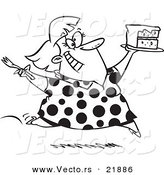 Vector of a Cartoon Woman Running with Birthday Cake - Outlined Coloring Page by Toonaday