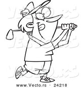 Vector of a Cartoon Woman Swinging a Golf Club - Coloring Page Outline by Toonaday