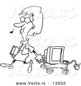 Vector of a Cartoon Woman Whistling While Pulling Computer in a Wagon - Coloring Page Outline by Toonaday