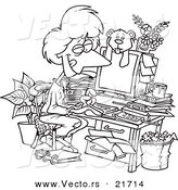 Vector of a Cartoon Woman Working in Her Pjs in Her Cluttered Home Office - Outlined Coloring Page by Toonaday
