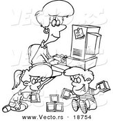 Vector of a Cartoon Woman Working on Her Computer As Her Kids Play - Outlined Coloring Page by Toonaday