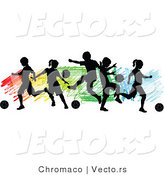 Vector of a Children Playing Soccer over Colorful Background - Silhouette by Chromaco