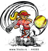 Vector of a Competitive Cartoon Female Baseball Player Swinging Bat and Hitting a Softball by Chromaco