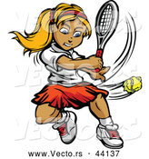 Vector of a Competitive Cartoon Female Tennis Player Hitting a Ball by Chromaco