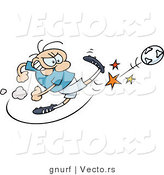 Vector of a Competitive Cartoon Man Kicking Soccer Ball As Hard As He Can by Gnurf