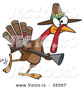 Vector of a Competitive Cartoon Pilgrim Turkey Hunting with a Rifle by Toonaday