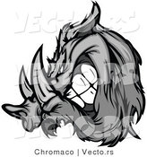 Vector of a Competitive Cartoon Razorback Boar Mascot Grinning While Charging - Grayscale by Chromaco