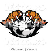 Vector of a Competitive Cartoon Tiger Mascot Gripping Soccer Ball with Paws and Sharp Claws by Chromaco