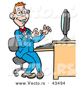 Vector of a Computer Geek Man in a Blue Suit, Working on a Computer by LaffToon