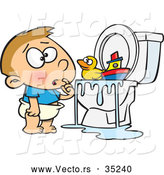 Vector of a Confused Cartoon Boy Looking at His Toys Floating on Overflowing Water in a Clogged Toilet by Toonaday