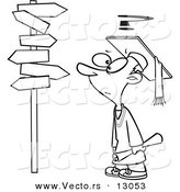 Vector of a Confused Cartoon Graduate Boy Looking at Post with 6 Directional Signs - Coloring Page Outline Version by Toonaday
