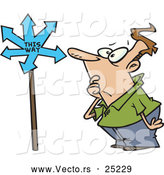 Vector of a Confused Cartoon Man Looking at a Sign Pointing in Multiple Directions by Toonaday