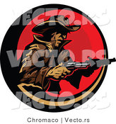 Vector of a Cowboy Pointing Two Pistols Within a Red Circular Icon by Chromaco