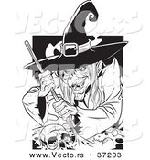 Vector of a Creepy Witch Grinning While Mixing a Human Skull and Potion in a Cauldron - Black and White Line Art by Lawrence Christmas Illustration