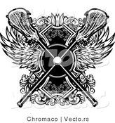 Vector of a Crisscrossed Lacrosse Sticks over Badge with Wings - Black and White by Chromaco