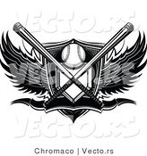 Vector of a Crossed Bats over Baseball Plate Shield Banner with Wings - Black and White by Chromaco