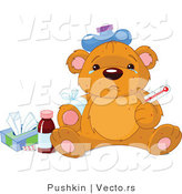 Vector of a Crying Sick Teddy Bear Beside Medicine and Medical Supplies by Pushkin