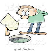 Vector of a Curious Cartoon Man Looking down a Manhole with a Blank Sign Pointing down It by Gnurf