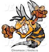 Vector of a Defensive Bee Mascot Flying Aggressively with Stinger out While Grinning and Staring with Intimidating Red Eyes by Chromaco