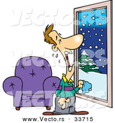 Vector of a Depressed Cartoon Man Crying While Standing in Front of a Window Overlooking Snowy Weather by Toonaday
