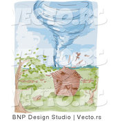 Vector of a Destructive Water Colored Tornado on Farm with Barn by BNP Design Studio